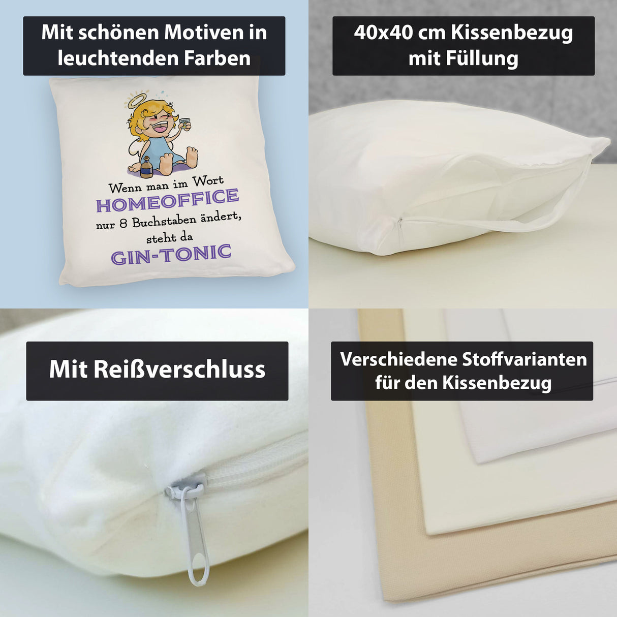 Engel Kissen mit Spruch - Homeoffice klingt ähnlich wie Gin-Tonic