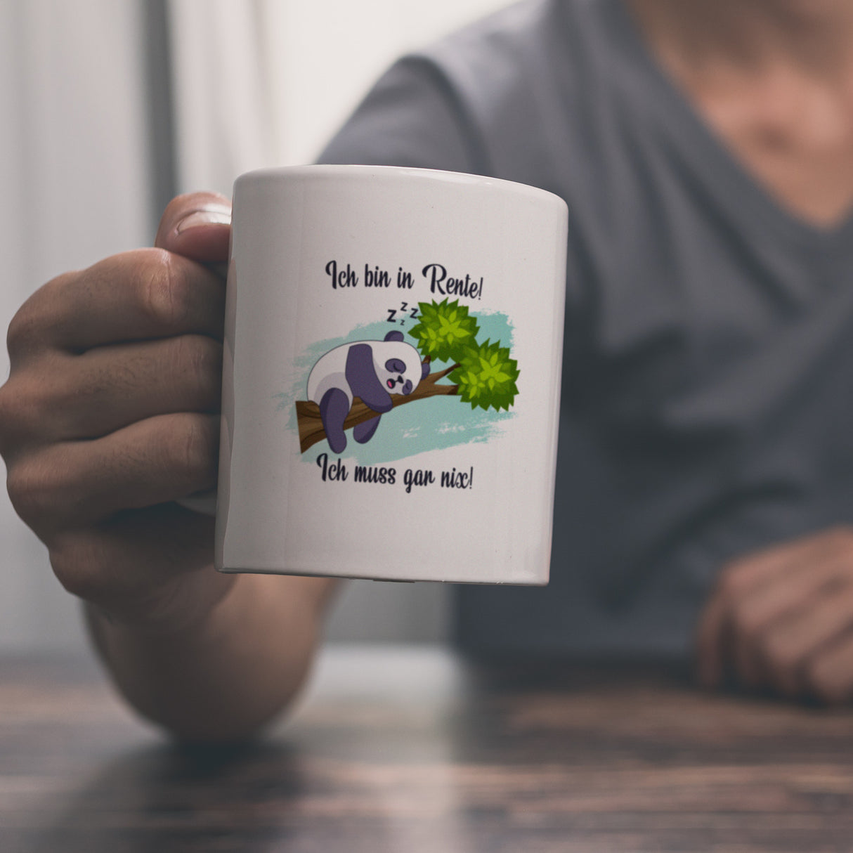 Panda Kaffeebecher mit Spruch Ich bin in Rente Ich muss gar nix