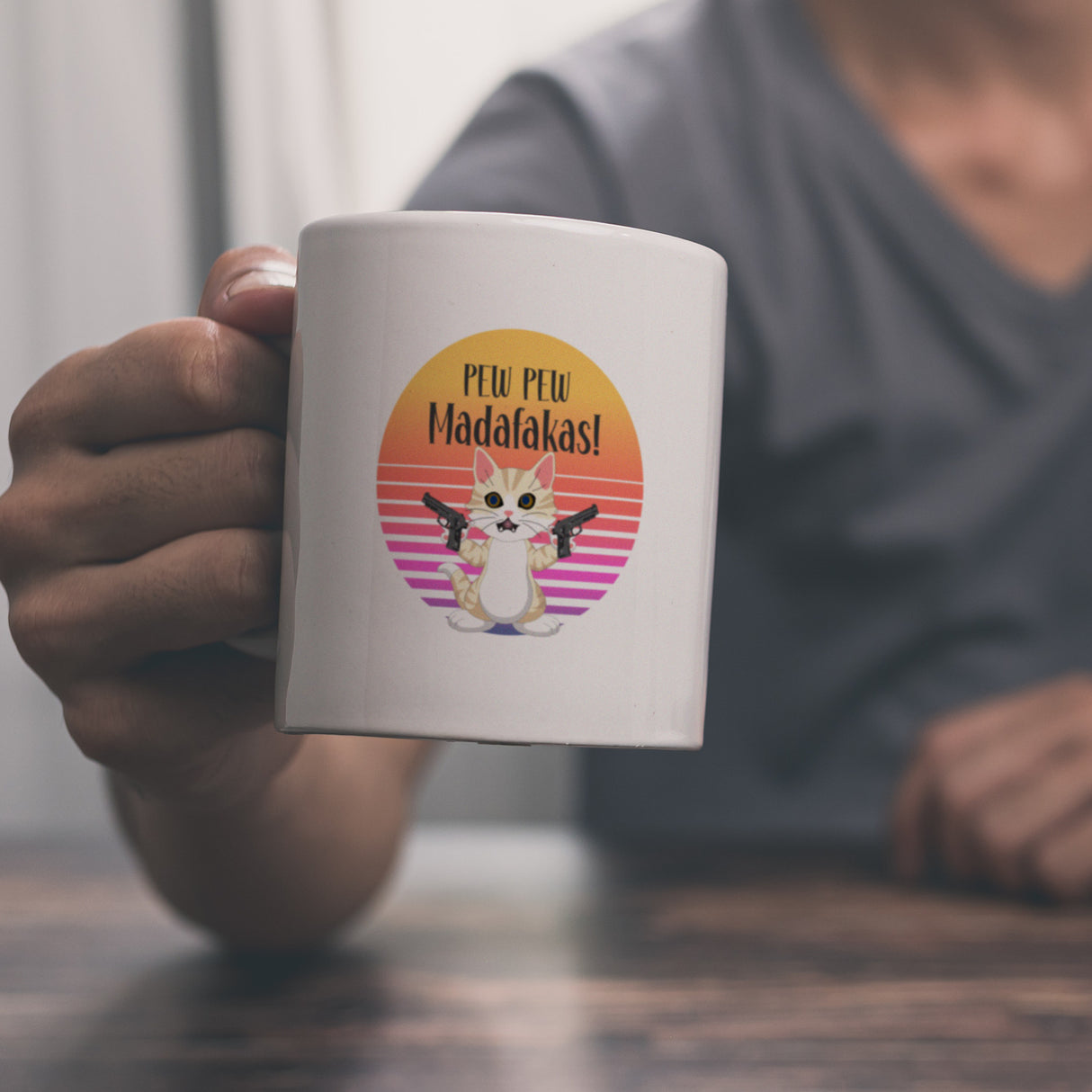 PEW PEW Madafakas Kaffeebecher mit lustigem Katzen Motiv