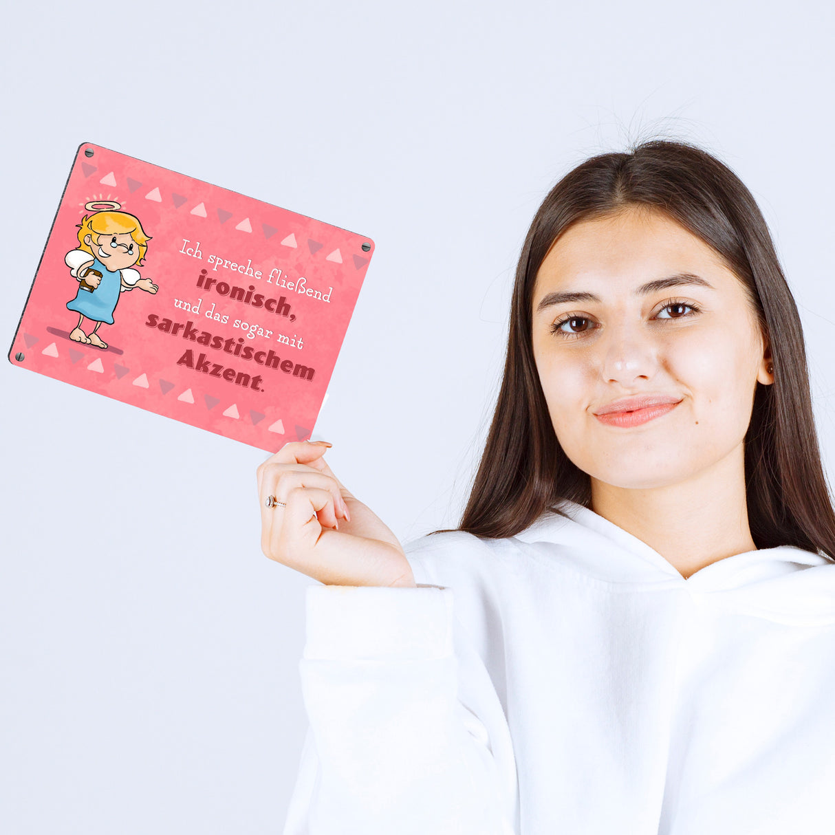 Engel Metallschild in 15x20 cm mit Spruch- Ich spreche Ironie mit Sarkasmus-Akzent