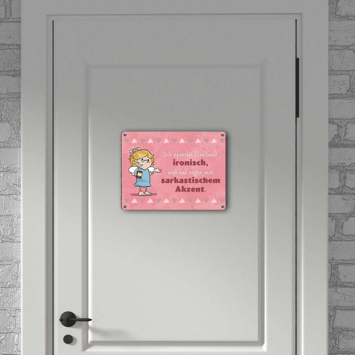 Engel Metallschild in 15x20 cm mit Spruch- Ich spreche Ironie mit Sarkasmus-Akzent