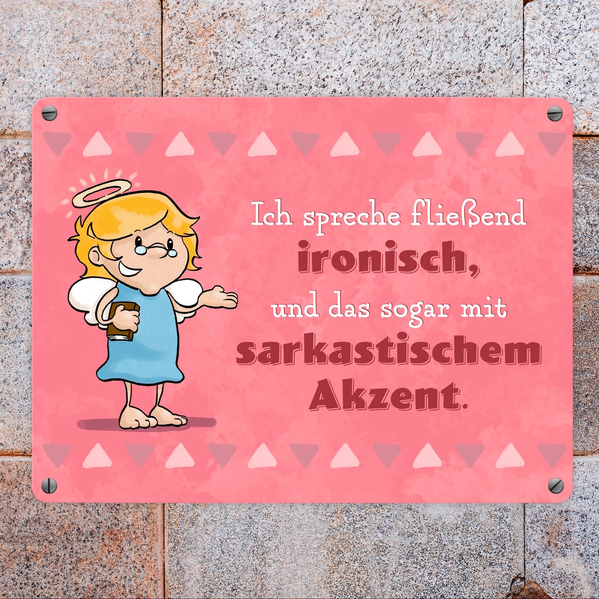Engel Metallschild in 15x20 cm mit Spruch- Ich spreche Ironie mit Sarkasmus-Akzent