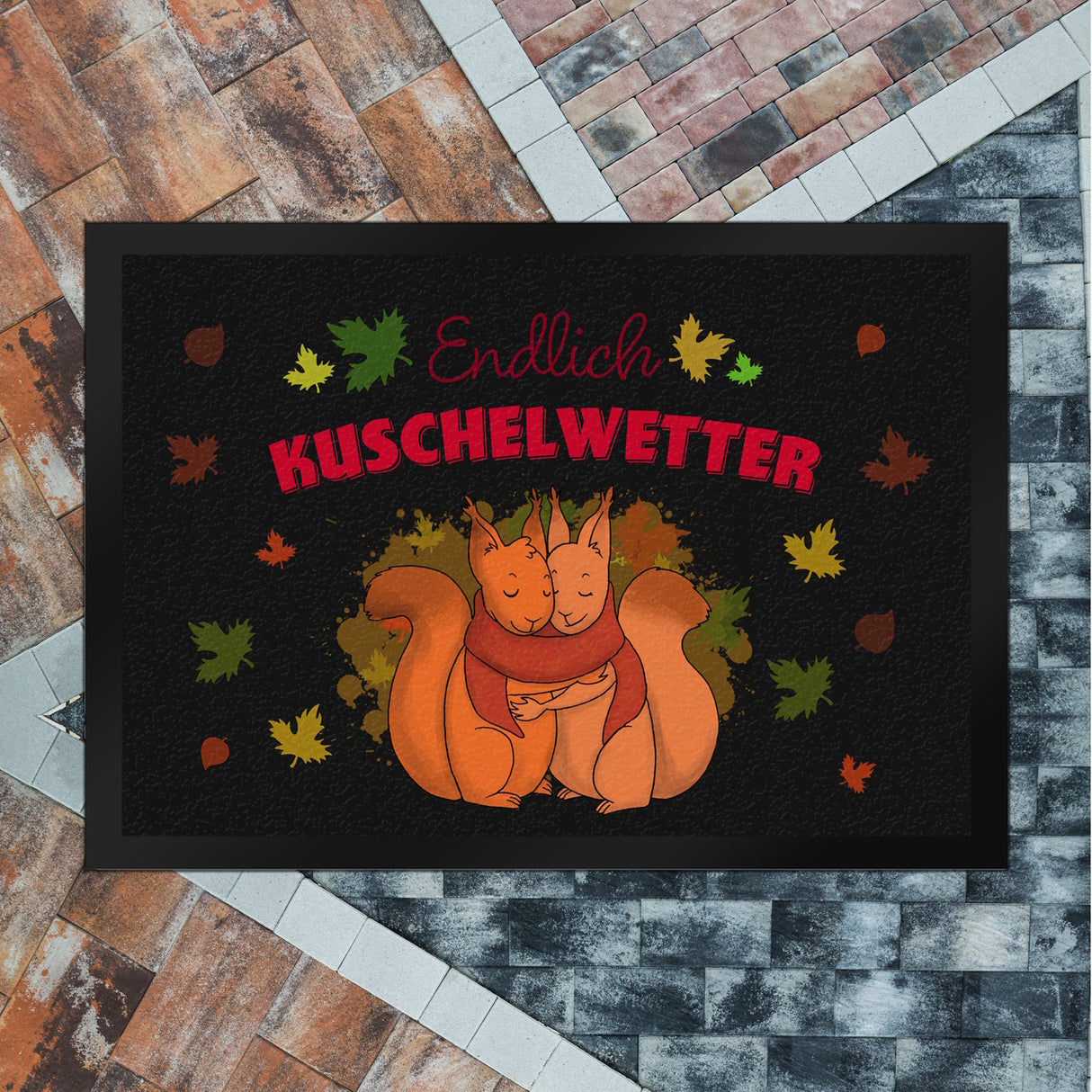 Endlich Kuschelwetter herbstliche Fußmatte in 35x50 cm mit Eichhörnchenpaar