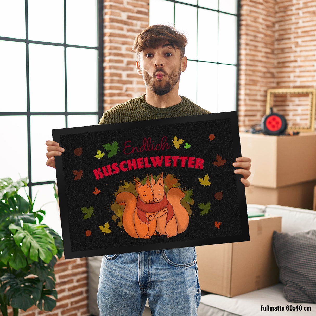 Endlich Kuschelwetter herbstliche Fußmatte in 35x50 cm mit Eichhörnchenpaar