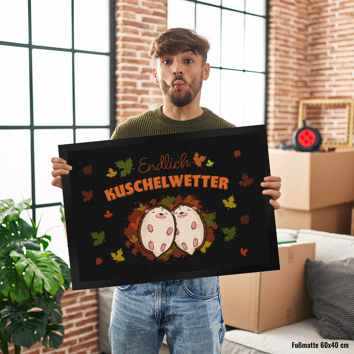 Endlich Kuschelwetter herbstliche Fußmatte in 35x50 cm mit Igelpaar