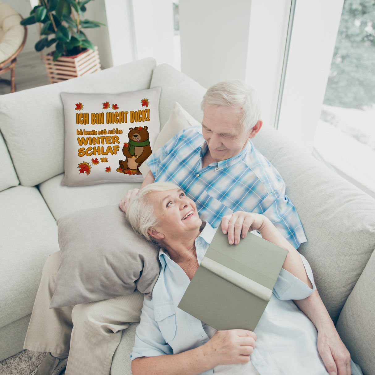 Bär mit Honigtopf im Herbst Kissen mit Spruch