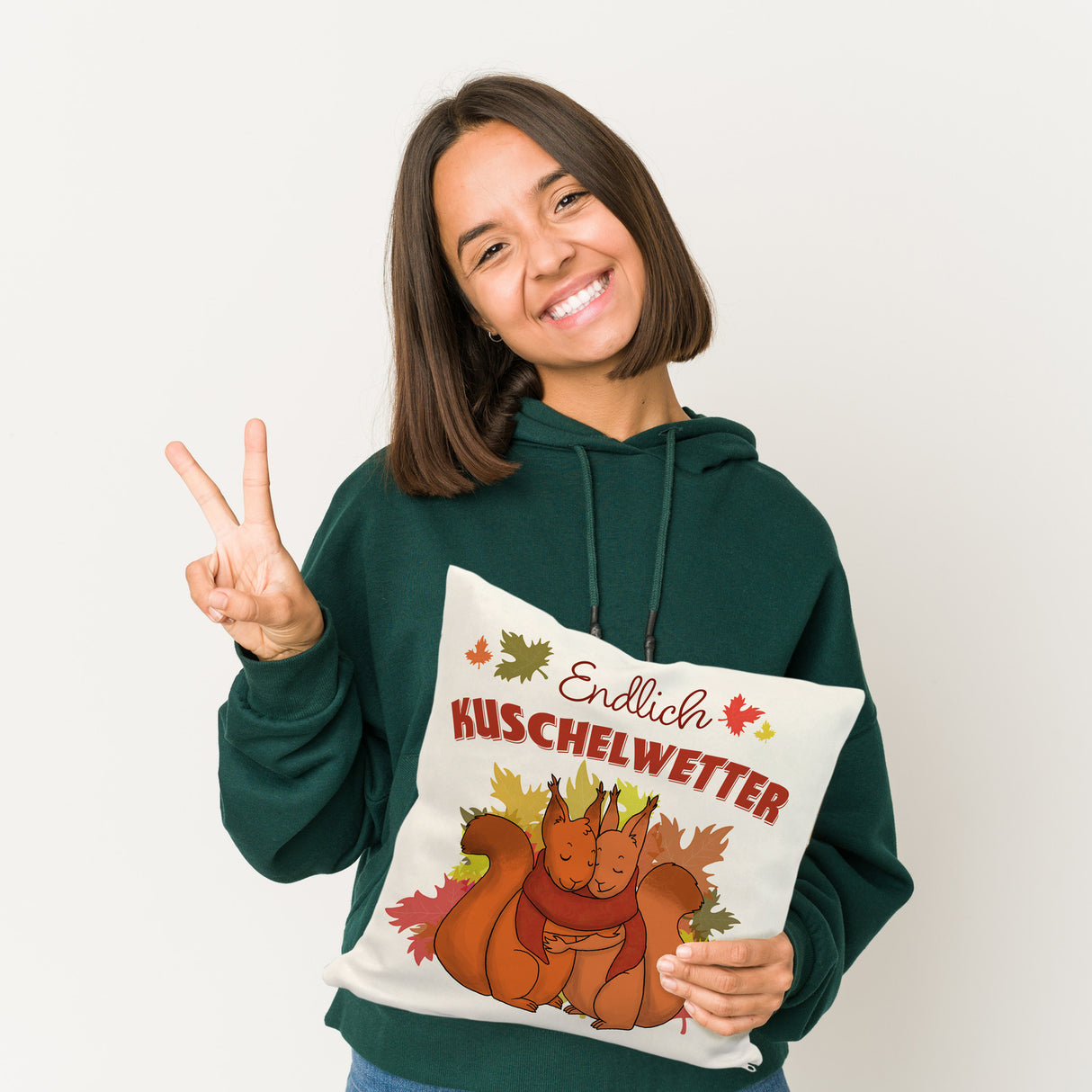 Endlich Kuschelwetter herbstliches Kissen mit Eichhörnchenpaar