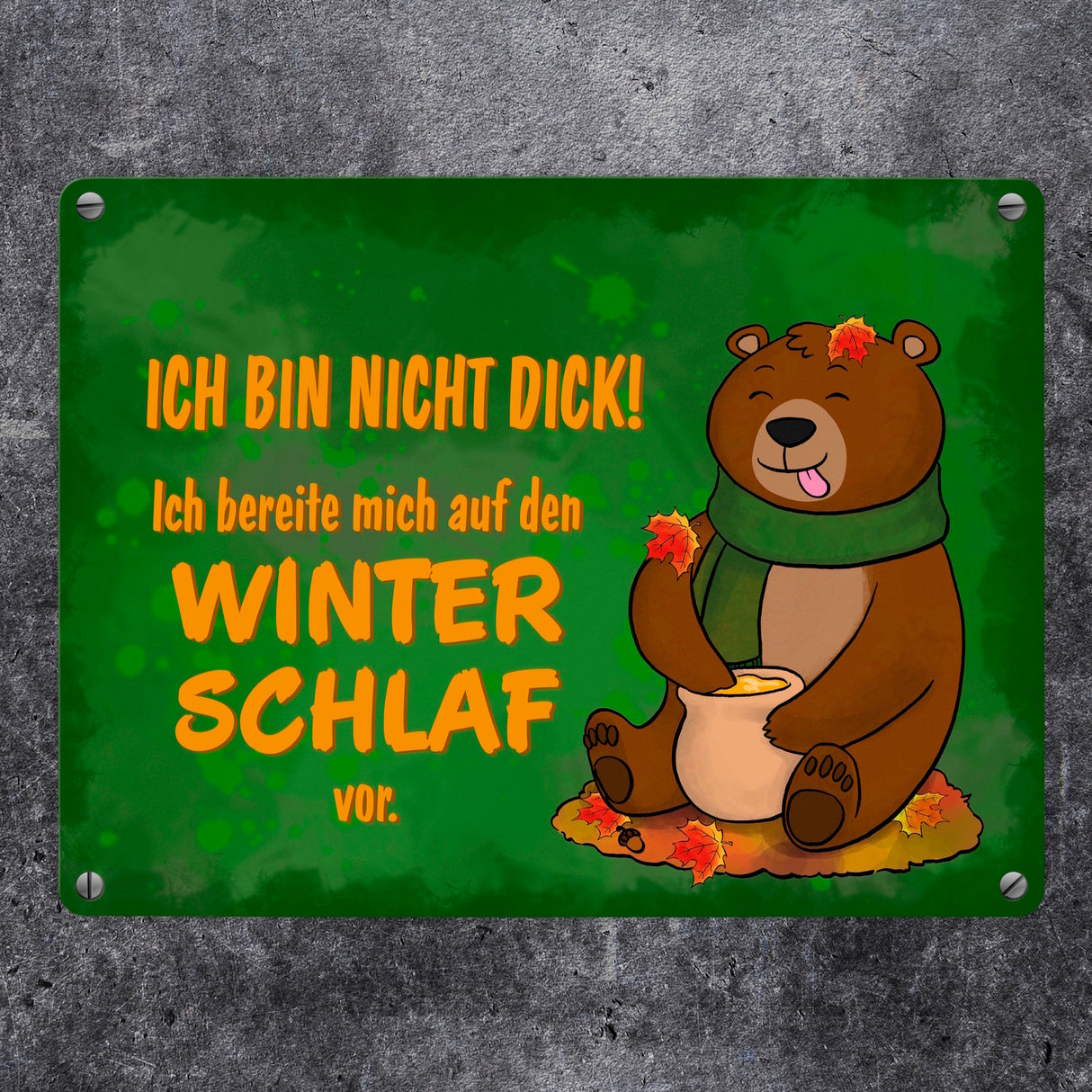 Bär mit Honigtopf im Herbst Metallschild in 15x20 cm mit Spruch