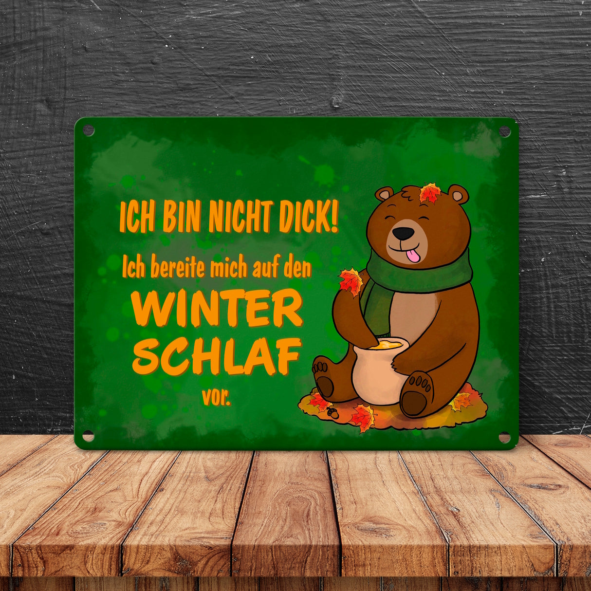 Bär mit Honigtopf im Herbst Metallschild in 15x20 cm mit Spruch