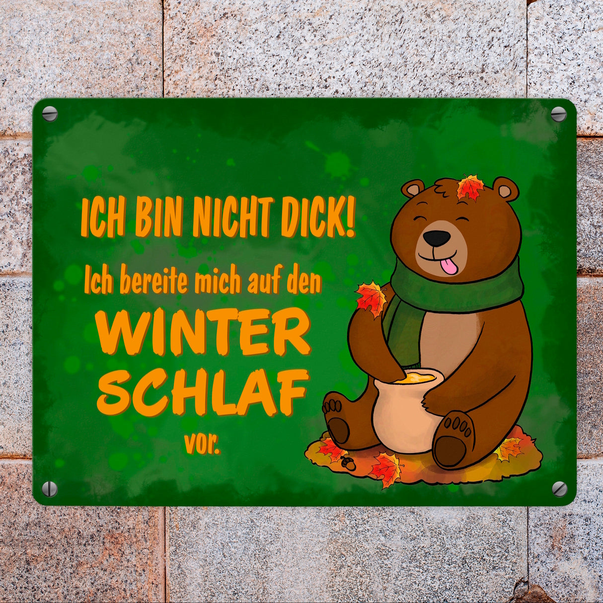 Bär mit Honigtopf im Herbst Metallschild in 15x20 cm mit Spruch