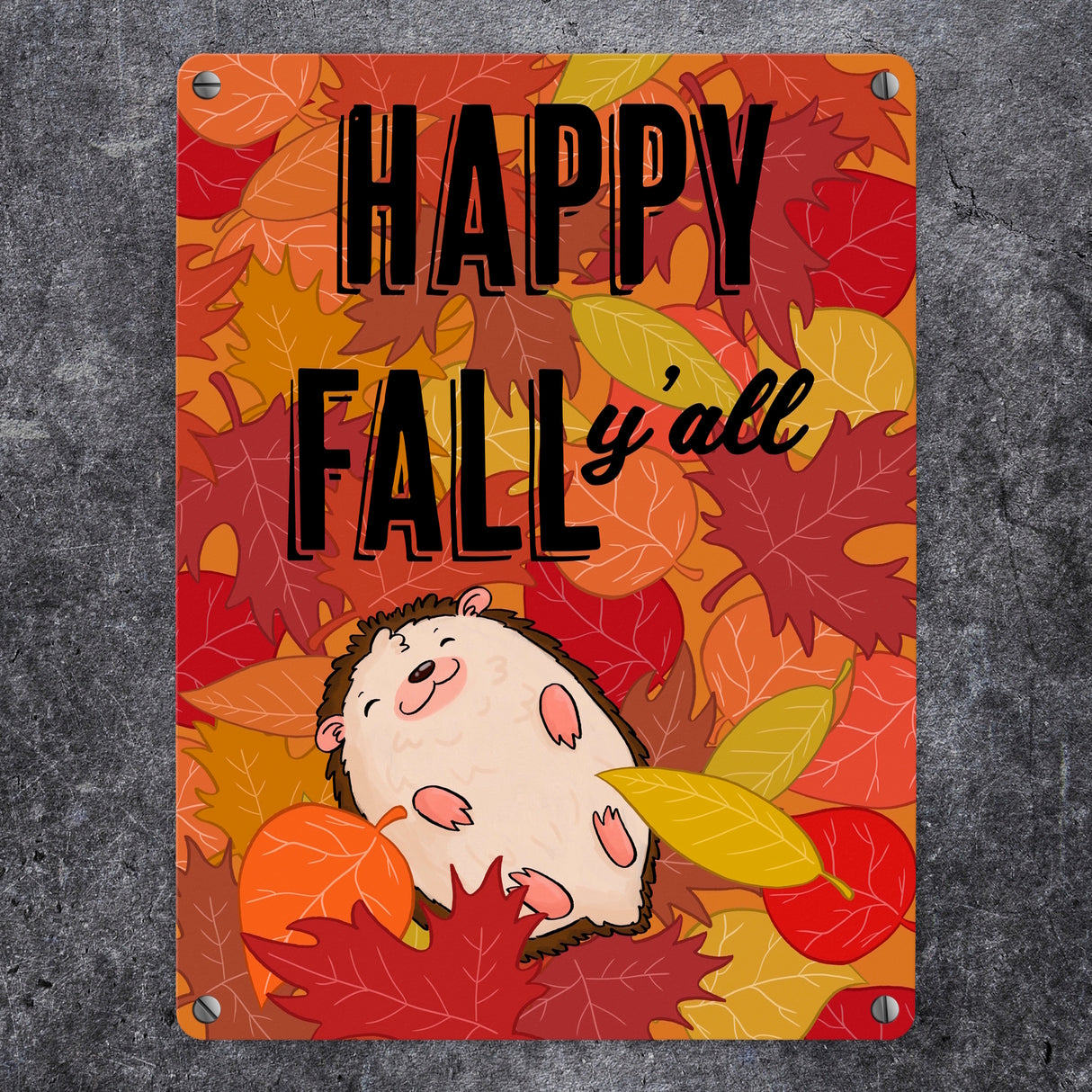 Igel im herbstlichen Laubhaufen Metallschild in 15x20 cm - Happy fall y'all