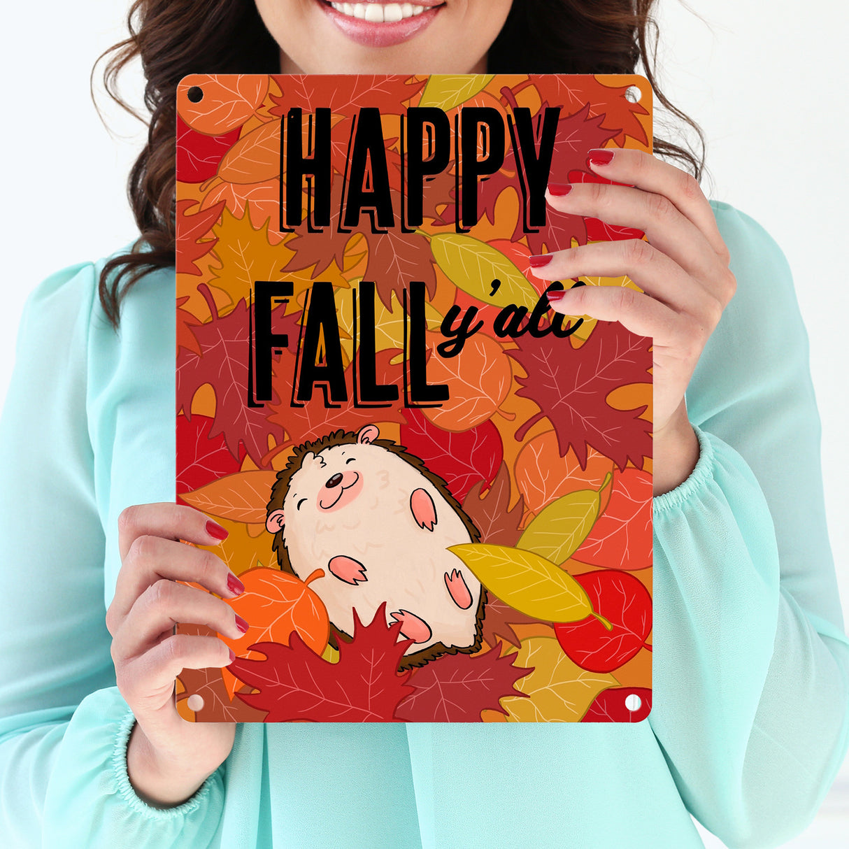 Igel im herbstlichen Laubhaufen Metallschild in 15x20 cm - Happy fall y'all