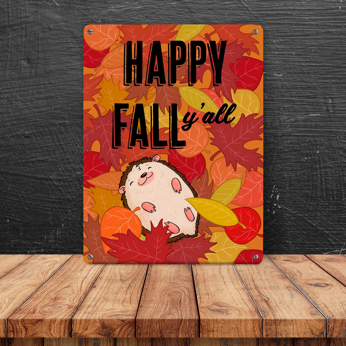 Igel im herbstlichen Laubhaufen Metallschild in 15x20 cm - Happy fall y'all