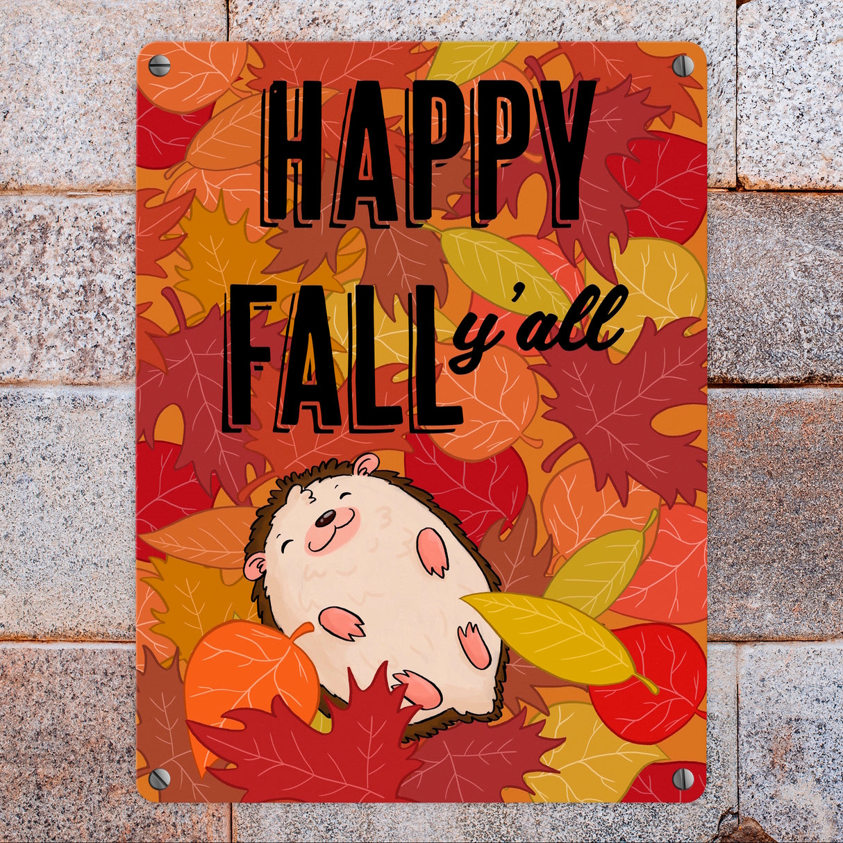 Igel im herbstlichen Laubhaufen Metallschild in 15x20 cm - Happy fall y'all
