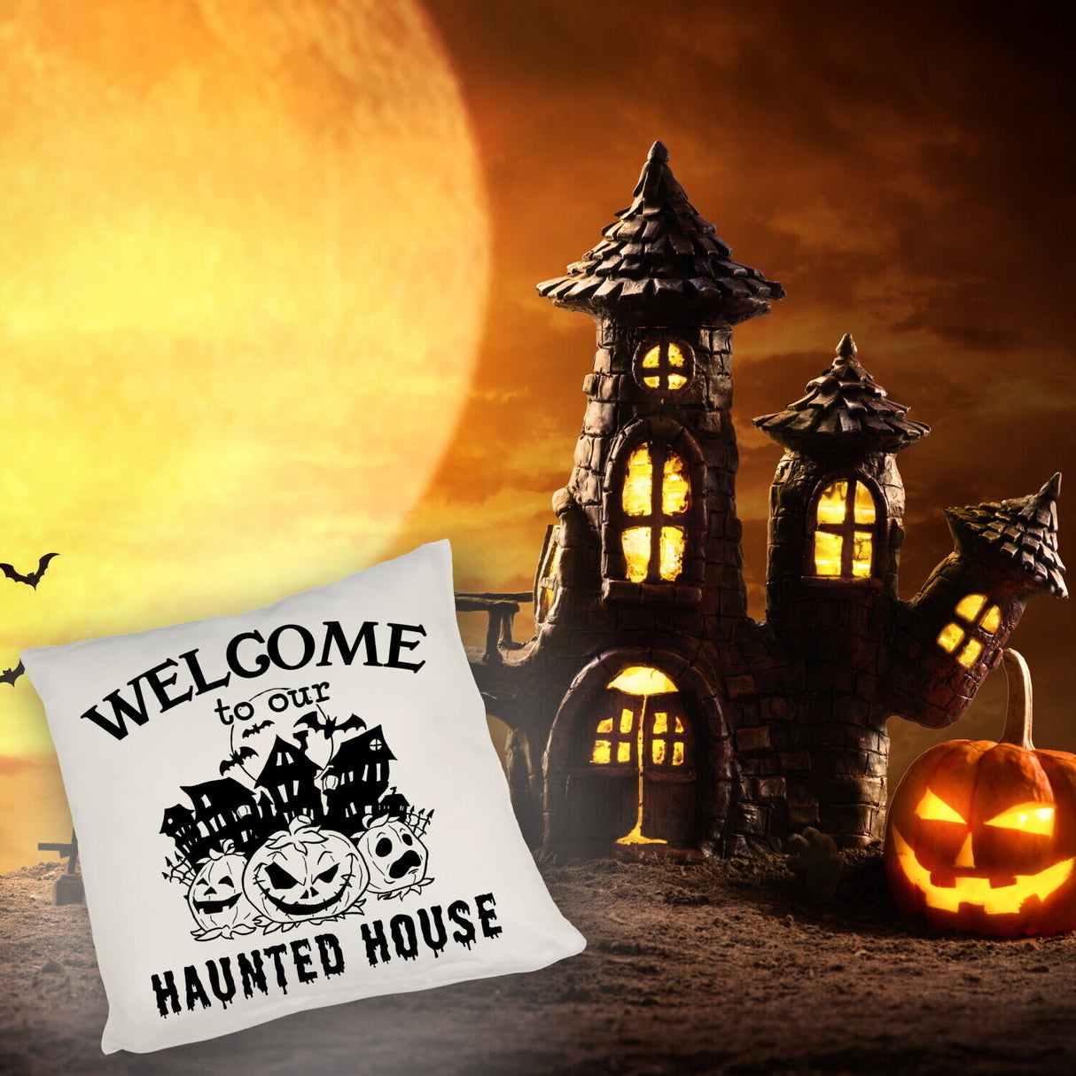 Geisterhaus Halloween Kissen mit Spruch - Welcome to our haunted house