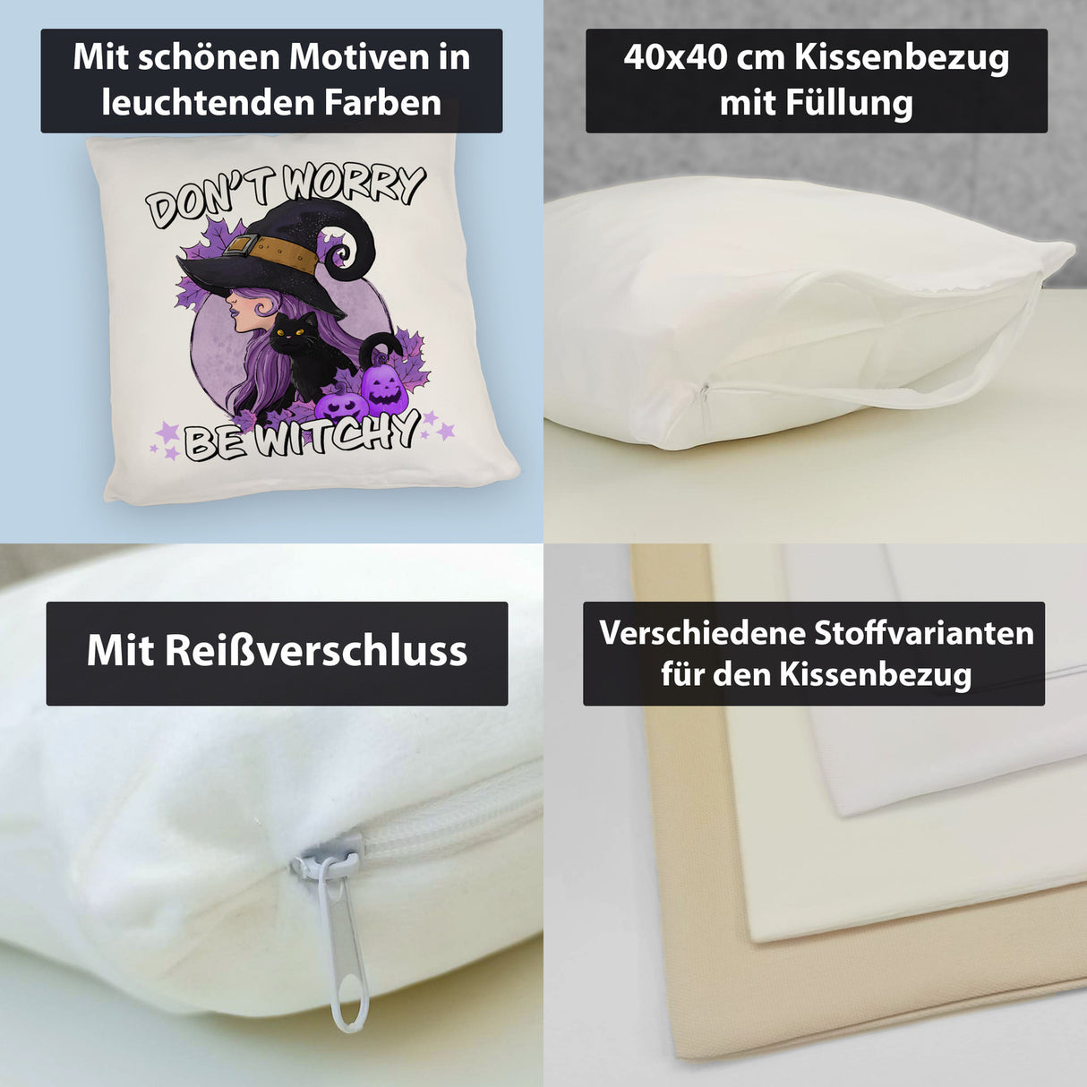 Hexen Kissen mit Spruch - Don't worry be witchy