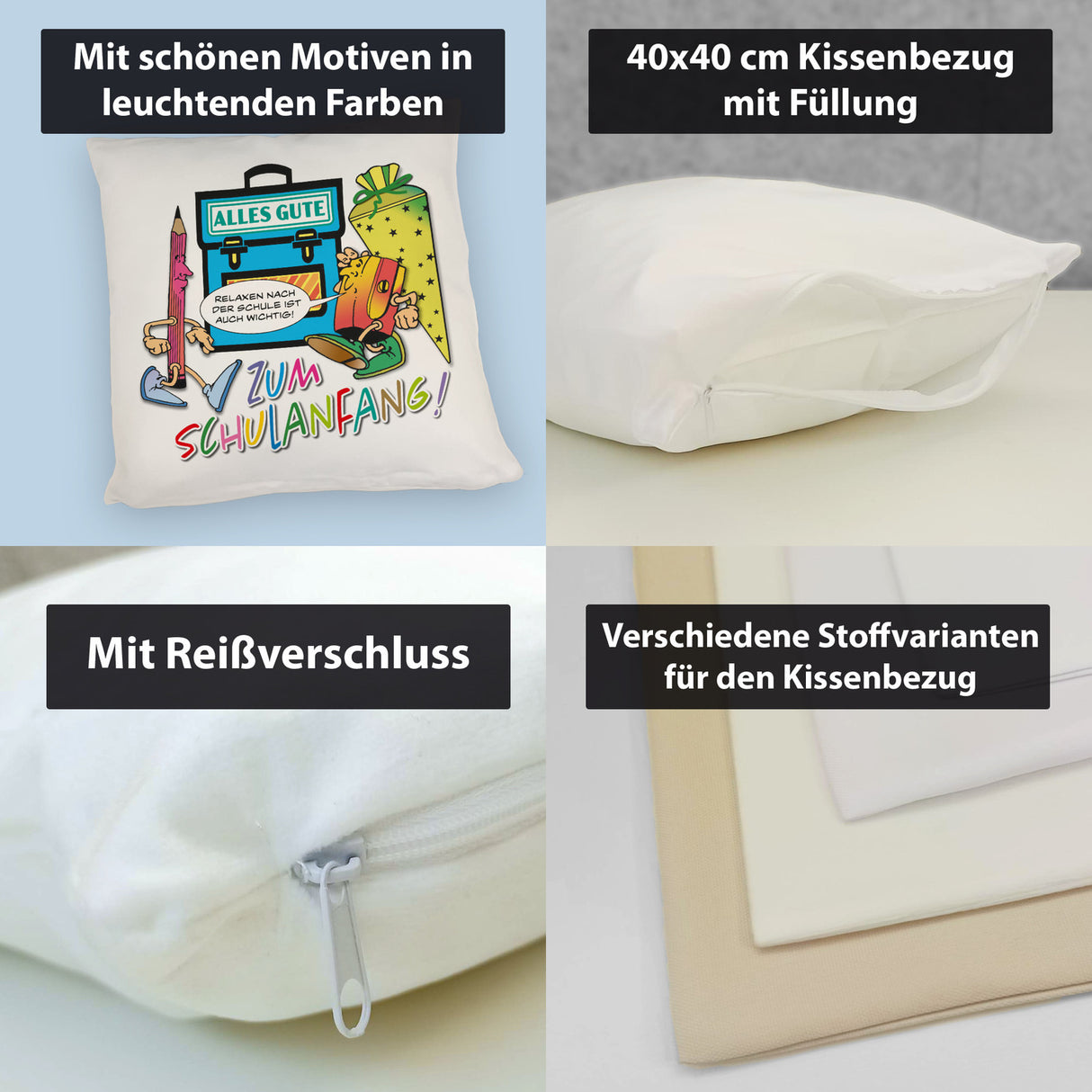 Alles Gute zum Schulanfang Kissen mit lustigen Schulmotiven