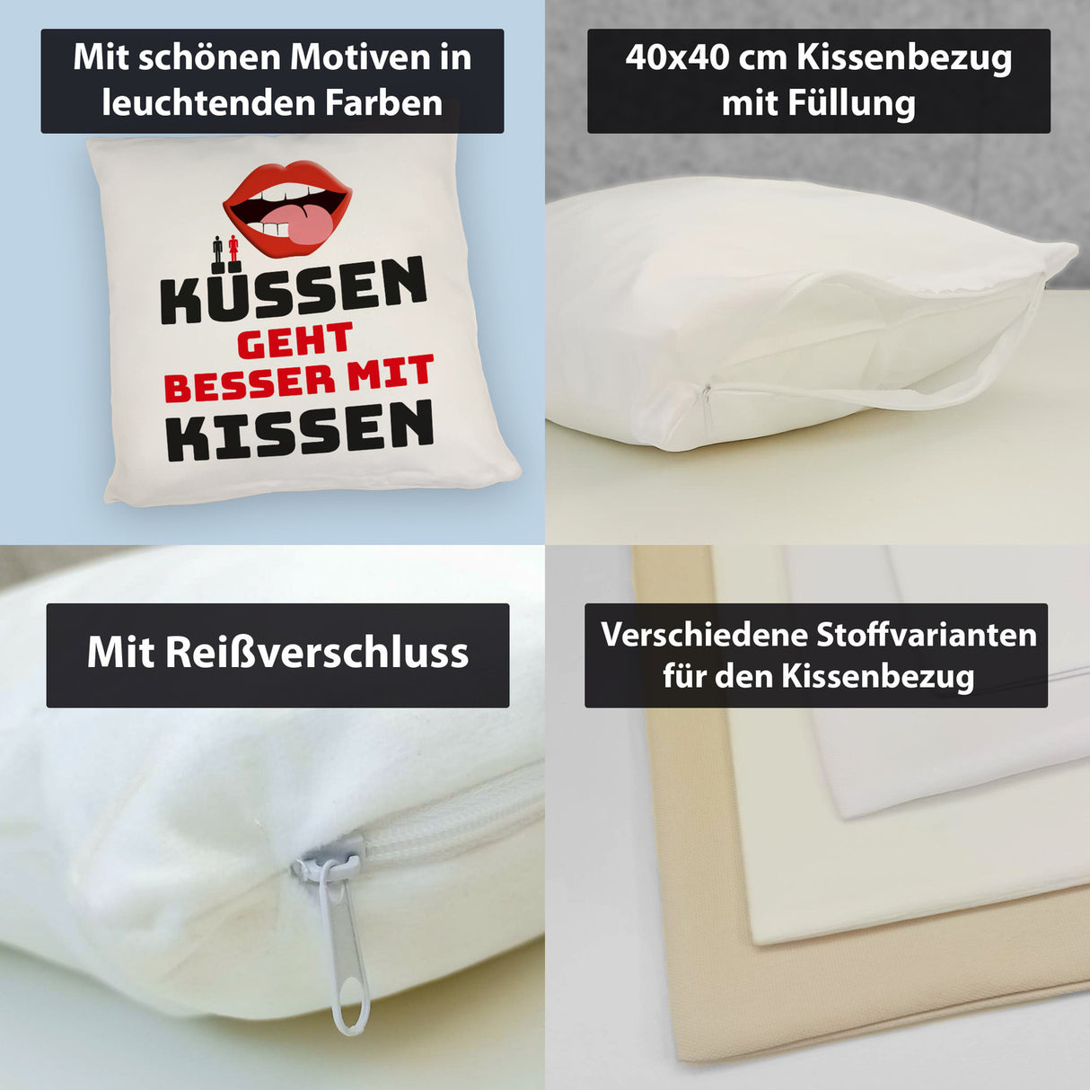 Romantisches Kissen mit Spruch Küssen geht besser mit Kissen