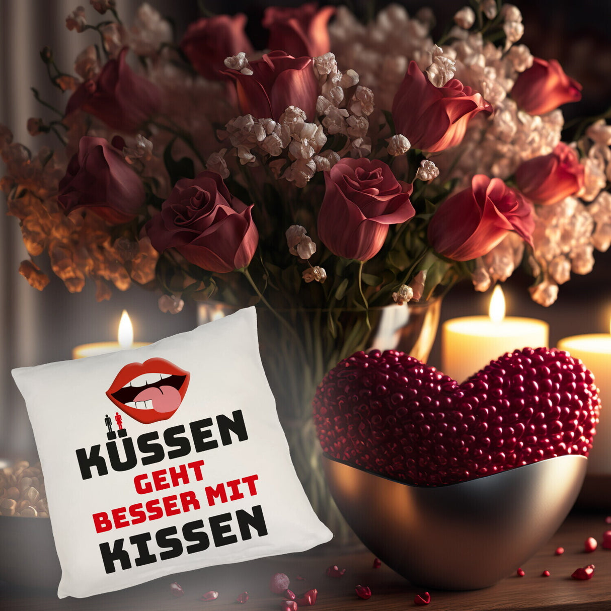 Romantisches Kissen mit Spruch Küssen geht besser mit Kissen