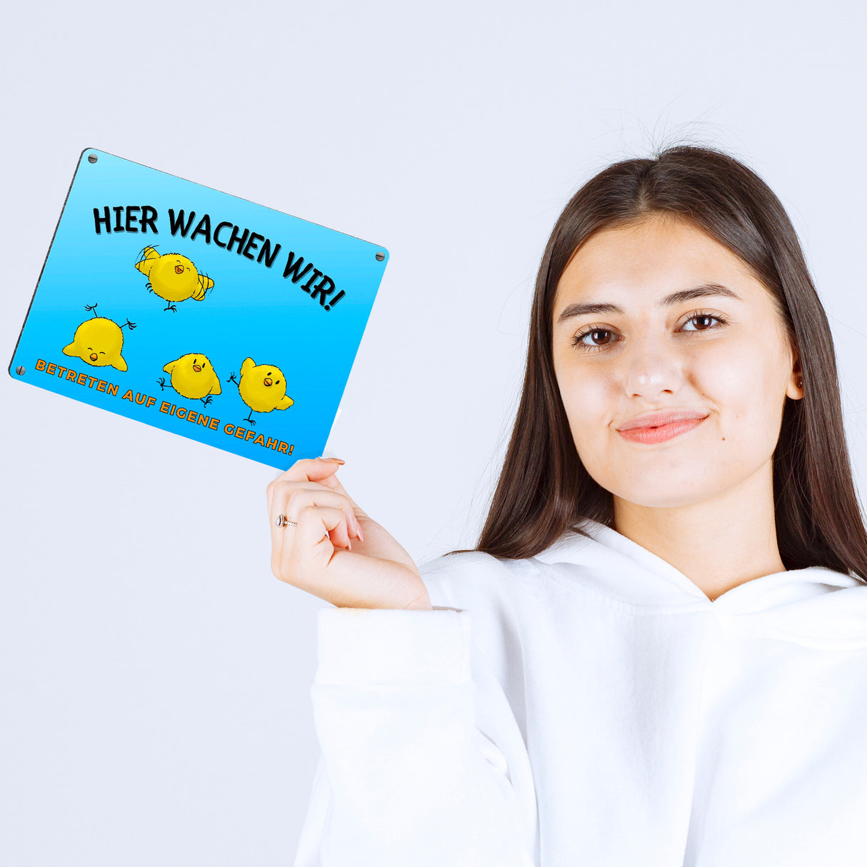 Küken Metallschild in 15x20 cm mit Spruch Hier wachen wir! Betreten auf eigene Gefahr