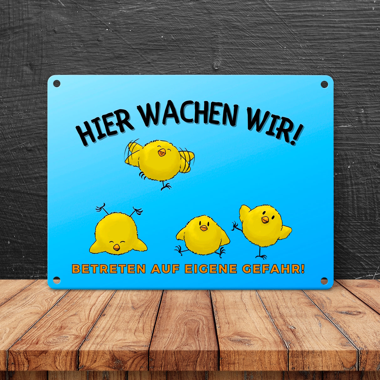 Küken Metallschild in 15x20 cm mit Spruch Hier wachen wir! Betreten auf eigene Gefahr