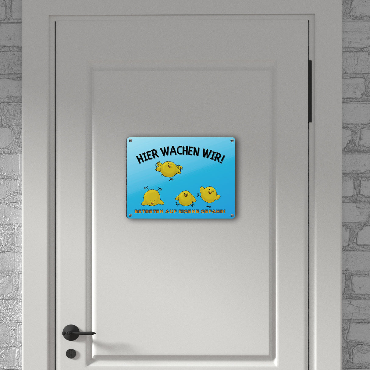 Küken Metallschild in 15x20 cm mit Spruch Hier wachen wir! Betreten auf eigene Gefahr