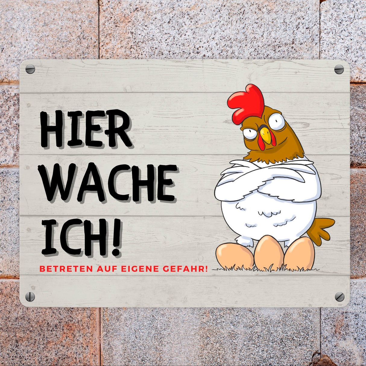 Huhn mit Eiern Metallschild in 15x20 cm mit Spruch Hier wache ich! Betreten auf eigene Gefahr
