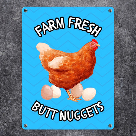 Huhn Metallschild in 15x20 cm mit Spruch Farm fresh Butt Nuggets