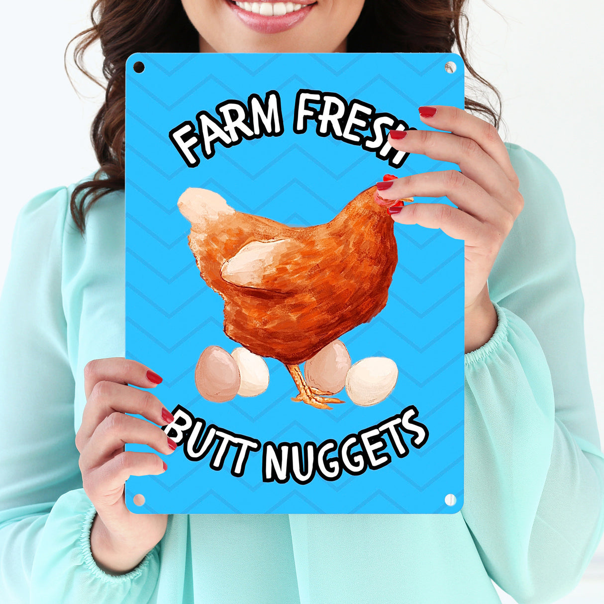 Huhn Metallschild in 15x20 cm mit Spruch Farm fresh Butt Nuggets