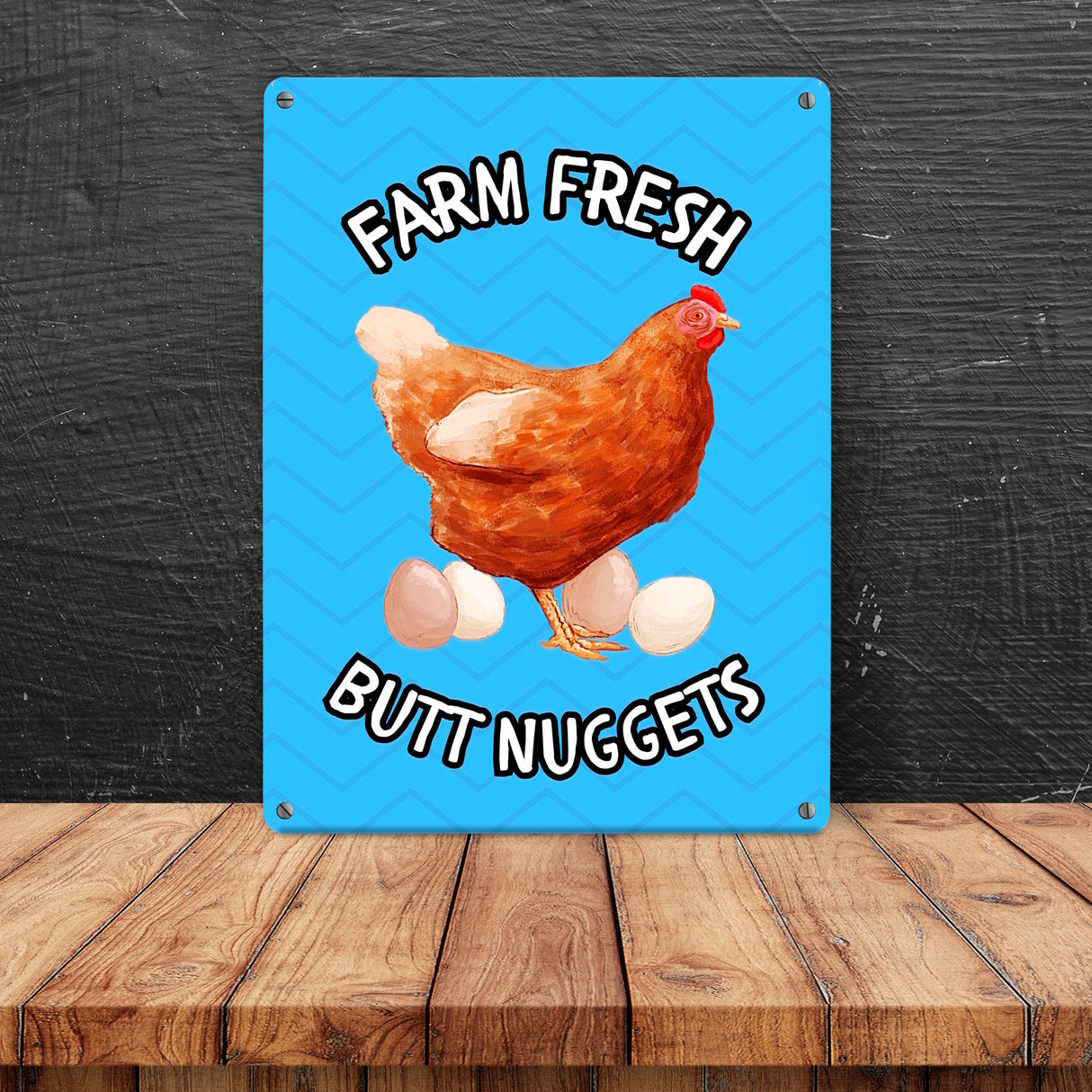 Huhn Metallschild in 15x20 cm mit Spruch Farm fresh Butt Nuggets