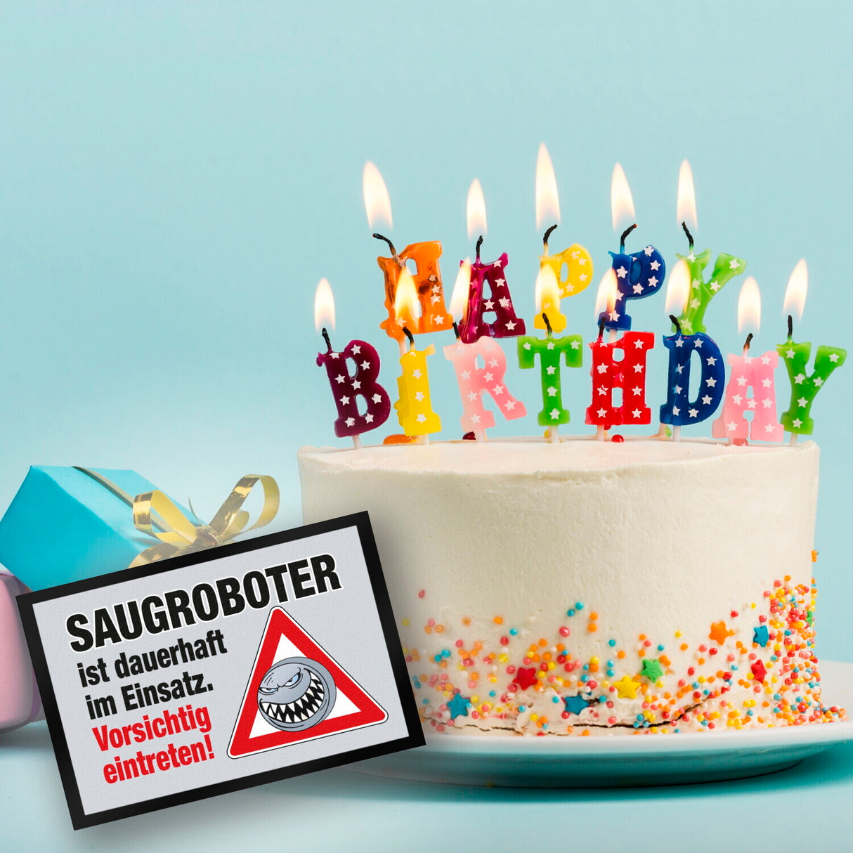 Saugroboter im Einsatz Fußmatte mit Spruch Vorsichtig eintreten!