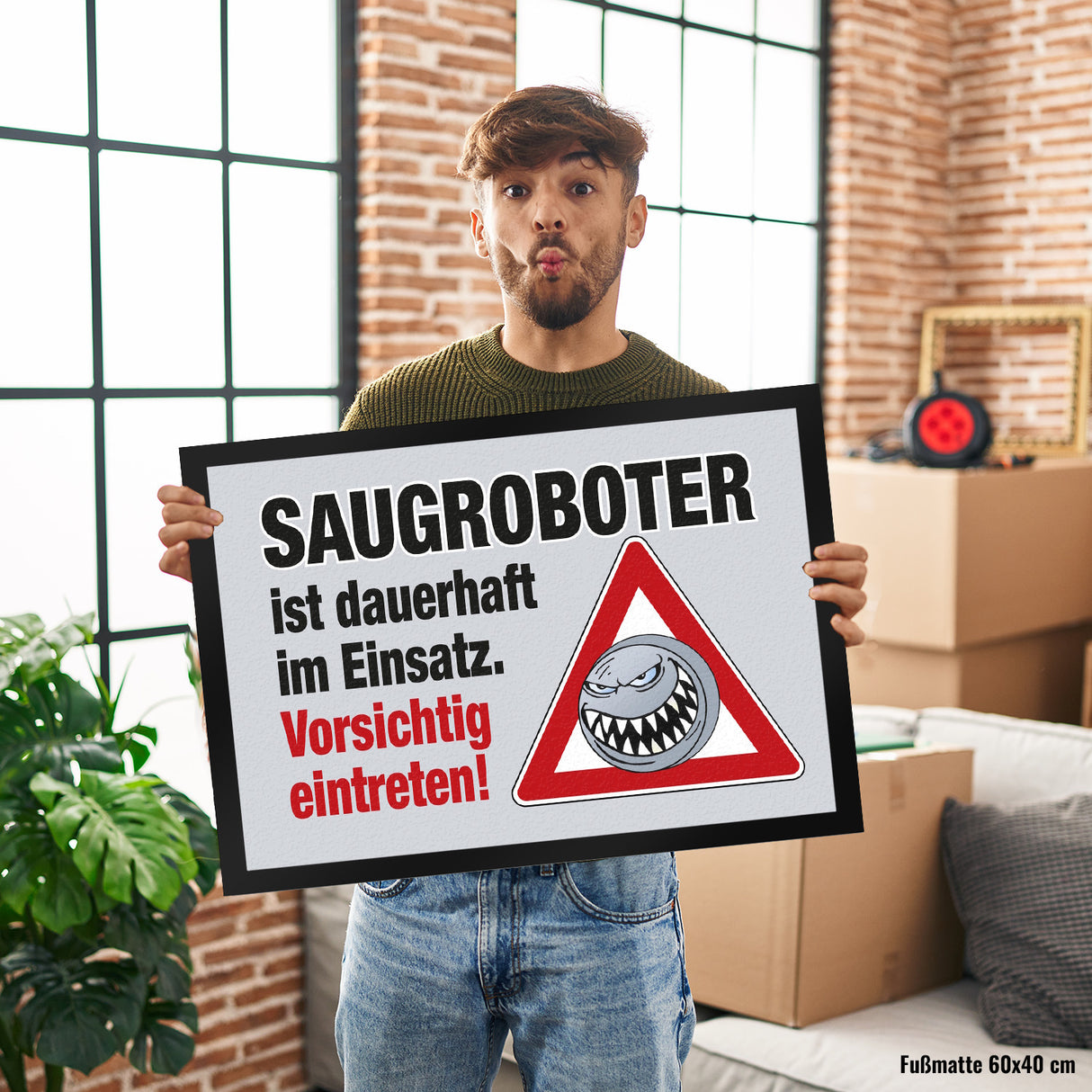 Saugroboter im Einsatz Fußmatte mit Spruch Vorsichtig eintreten!
