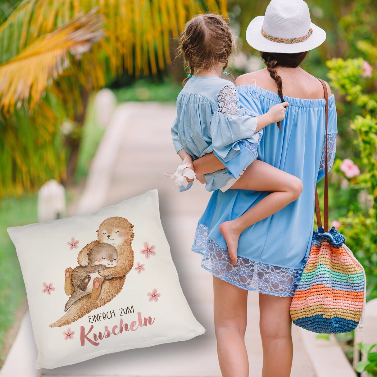 Otter Baby und Mutter Kissen mit Spruch Einfach zum Kuscheln