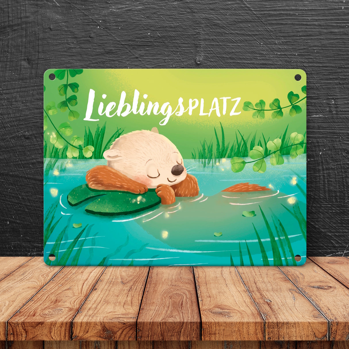 Schlafender Otter Metallschild in 15x20 cm mit Spruch Lieblingsplatz