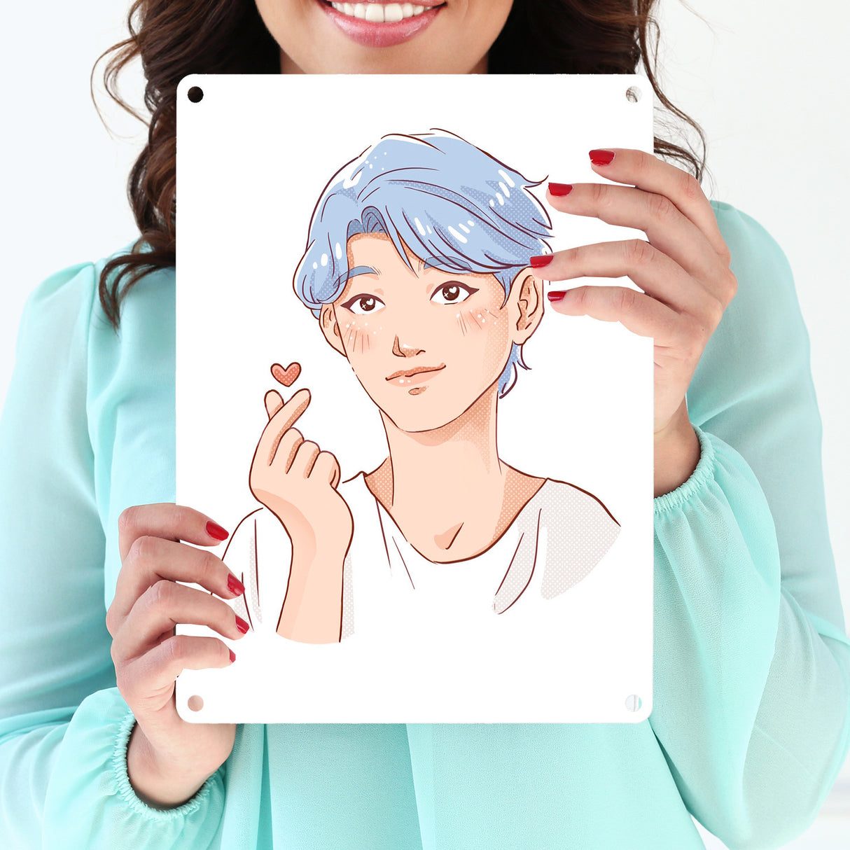 K-Pop Herz Zeichen Metallschild in 15x20 cm mit Manga Charakter in Farbe
