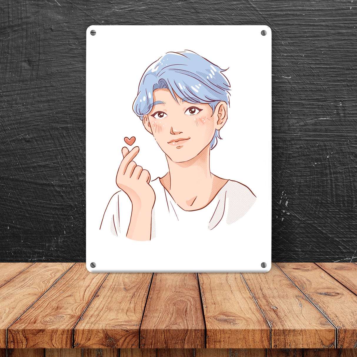 K-Pop Herz Zeichen Metallschild in 15x20 cm mit Manga Charakter in Farbe