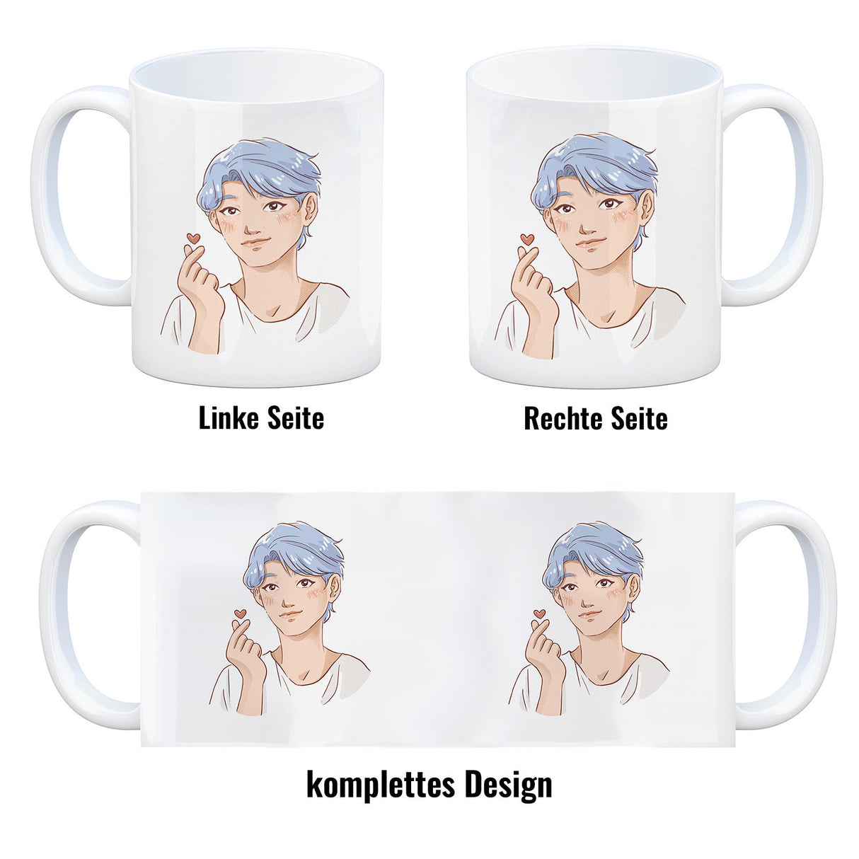 K-Pop Herz Zeichen Kaffeebecher mit Manga Charakter in Farbe