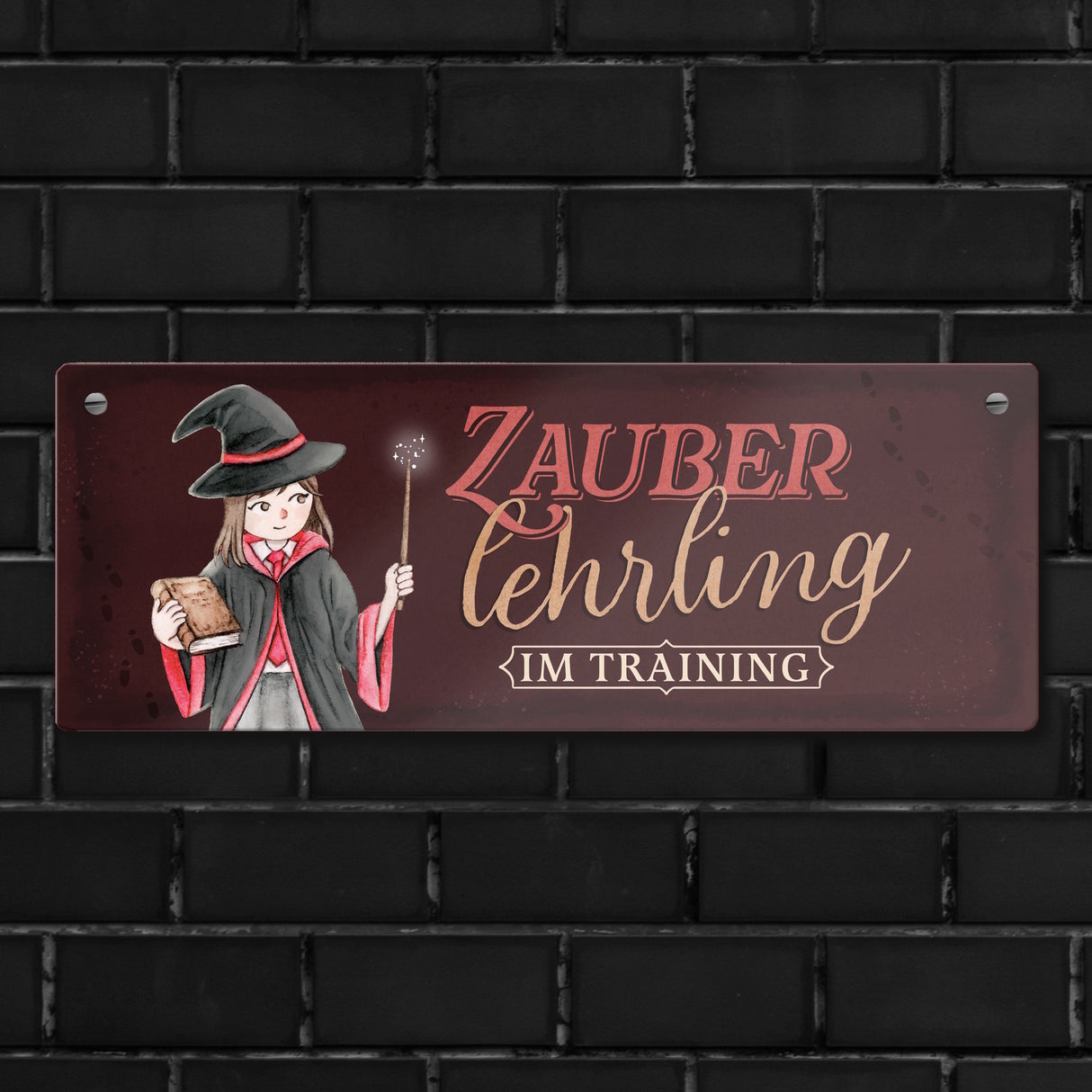 Zauberlehrling Metallschild mit Zauberschülerin mit dunklem Hintergrund