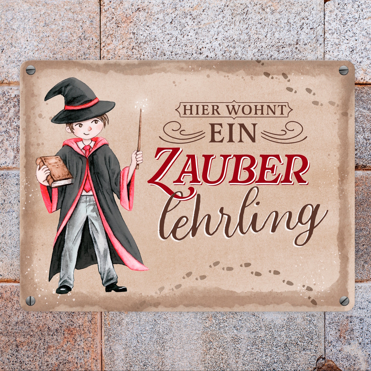 Zauberschüler Metallschild in 15x20 cm mit Spruch Hier wohnt ein Zauberlehrling