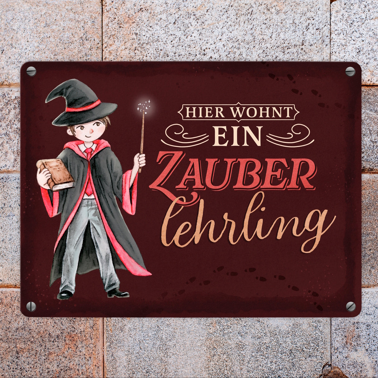 Zauberschüler Metallschild in 15x20 cm mit dunklem Hintergrund und Spruch