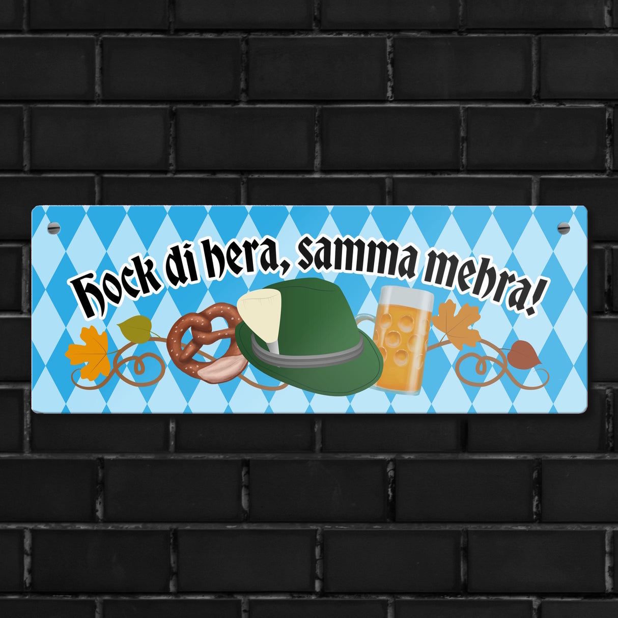 Hock di hera, samma mehra Metallschild mit Bier und Brezel