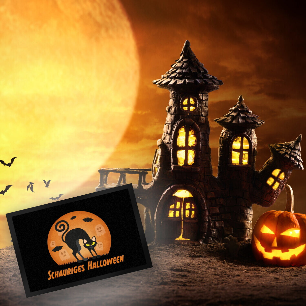 Schauriges Halloween Fußmatte in 35x50 cm mit schwarzer Katze