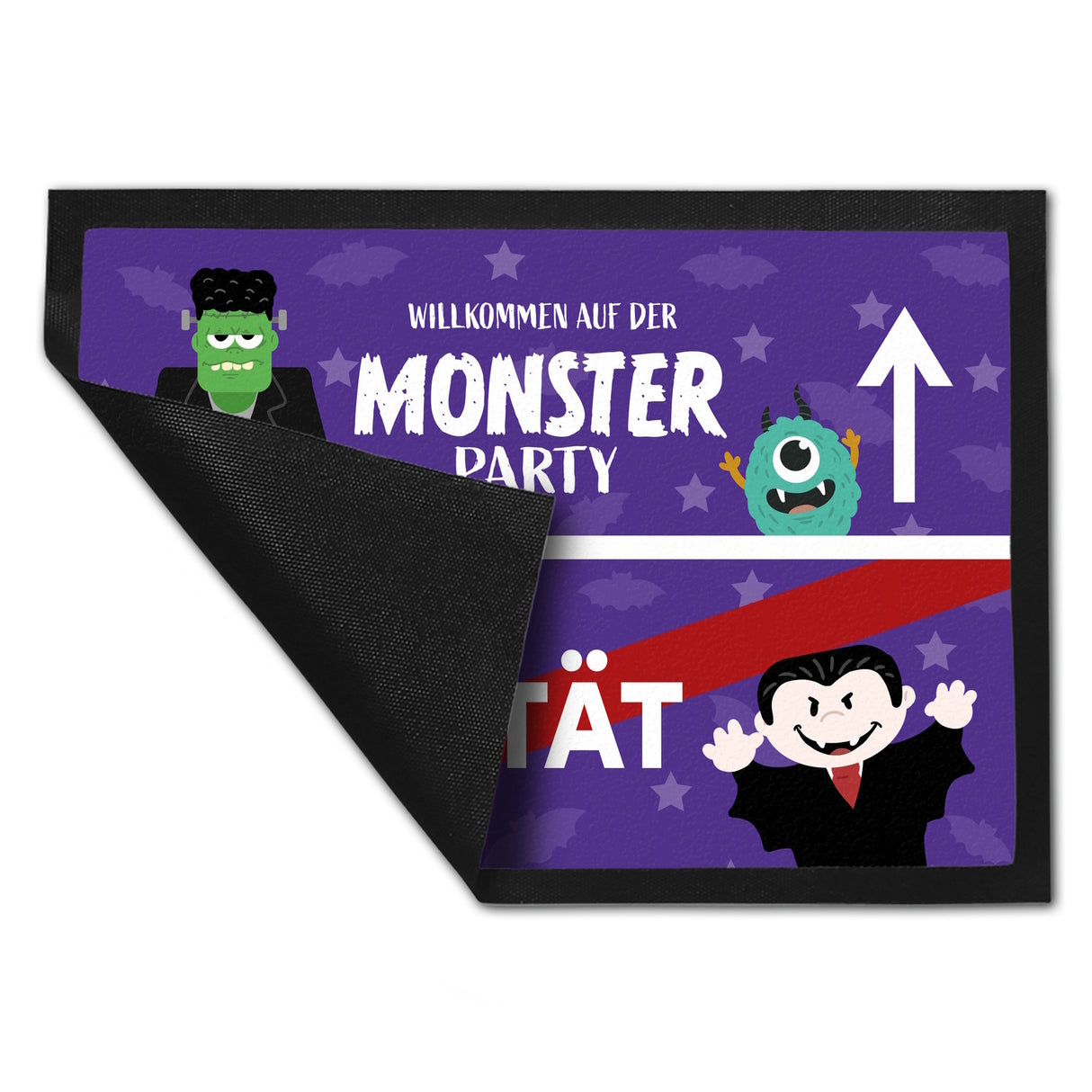 Willkommen auf der Monsterparty Ortsschild Fußmatte in 35x50 cm mit Spruch