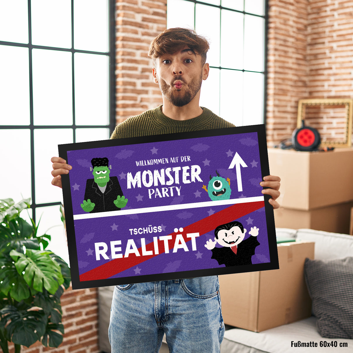 Willkommen auf der Monsterparty Ortsschild Fußmatte in 35x50 cm mit Spruch