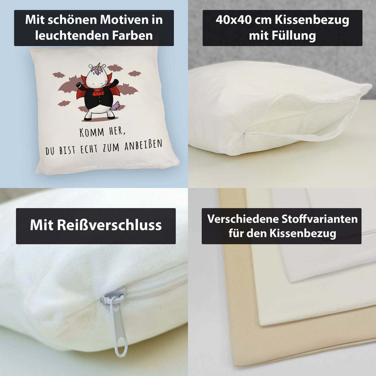 Einhorn-Vampir Kissen mit Spruch Du bist echt zum Anbeißen