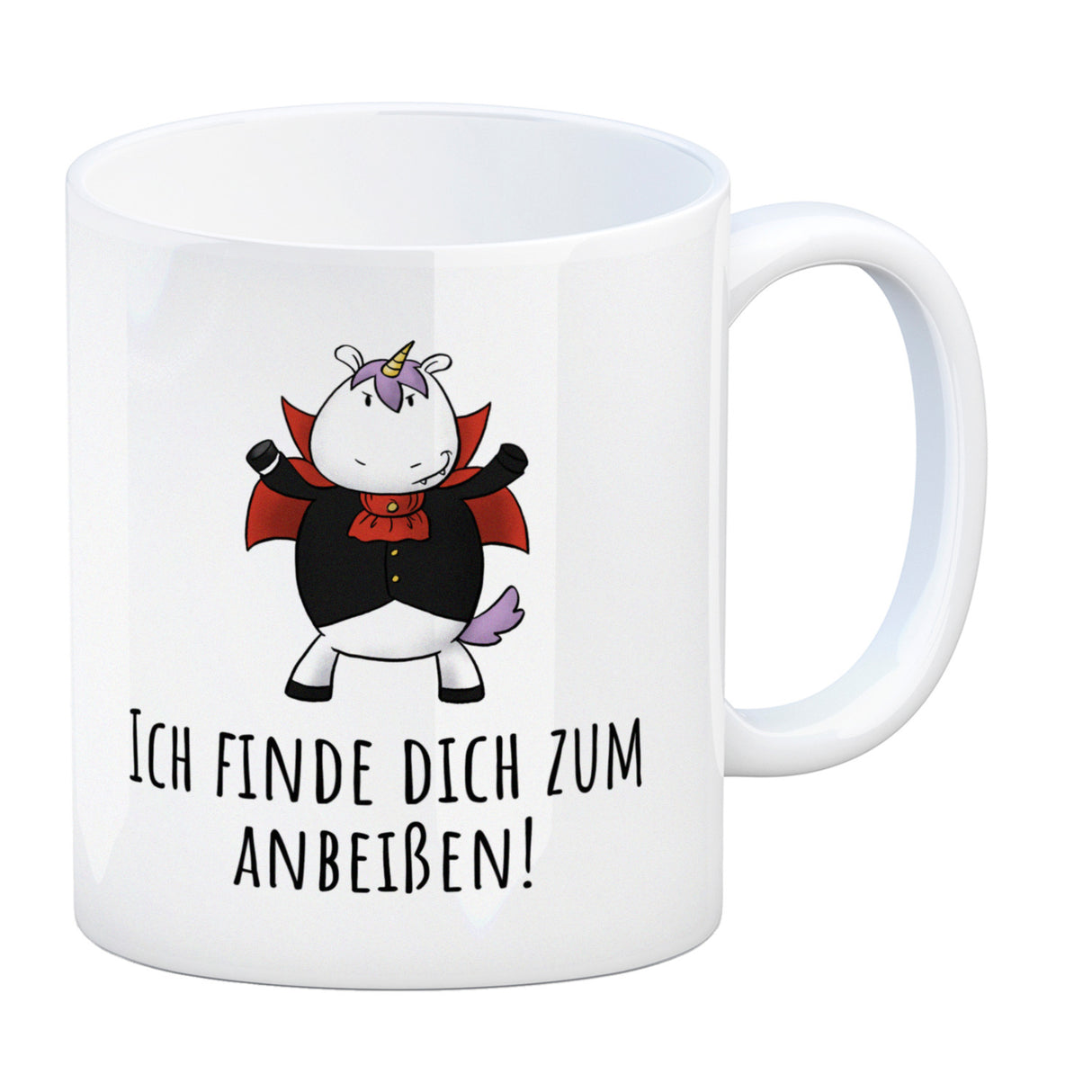 Einhorn-Vampir Kaffeebecher mit Spruch Ich finde dich zum Anbeißen