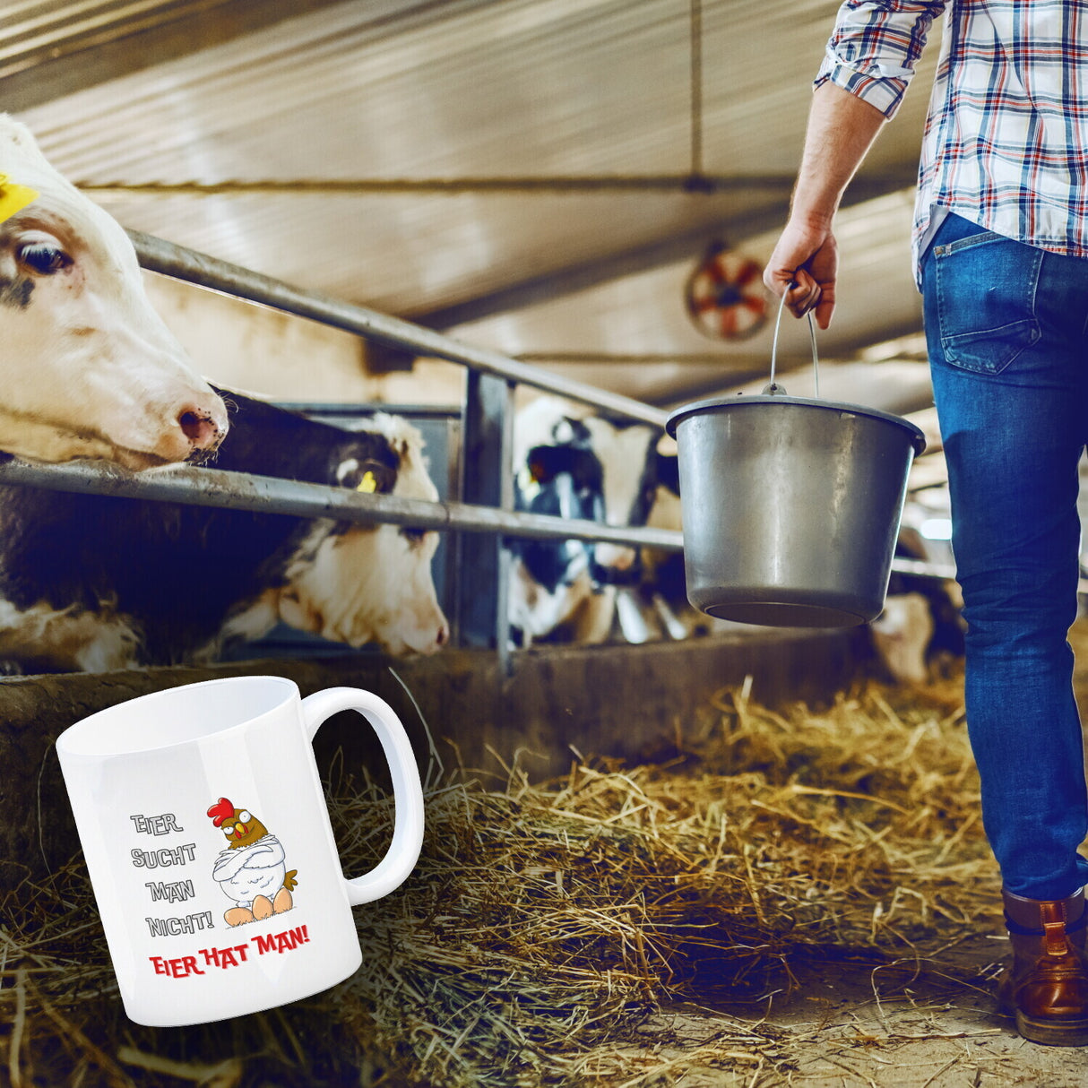 Huhn Kaffeebecher mit Spruch Eier sucht man nicht Eier hat man