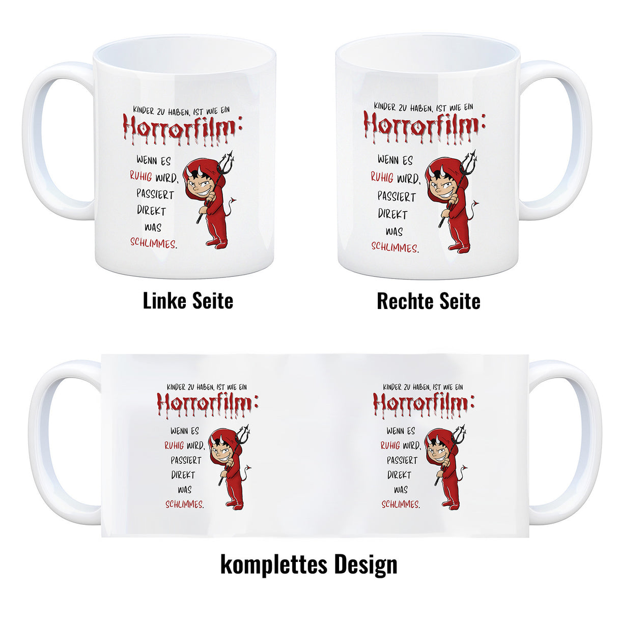 Teufelchen Kaffeebecher mit Spruch Kinder zu haben ist wie ein Horrorfilm