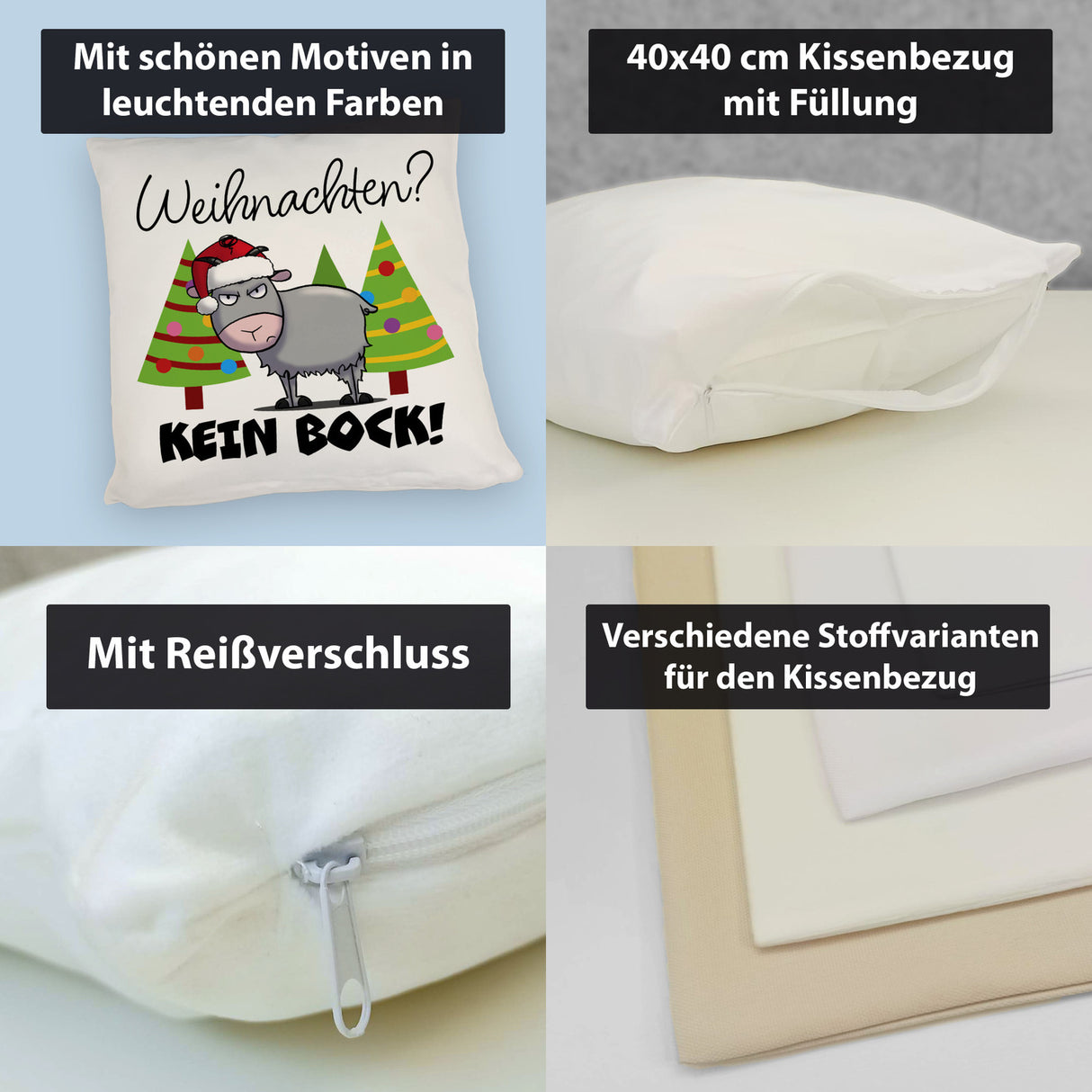 Ziegenbock mit Zipfelmütze Kissen mit Spruch Weihnachten? Kein Bock