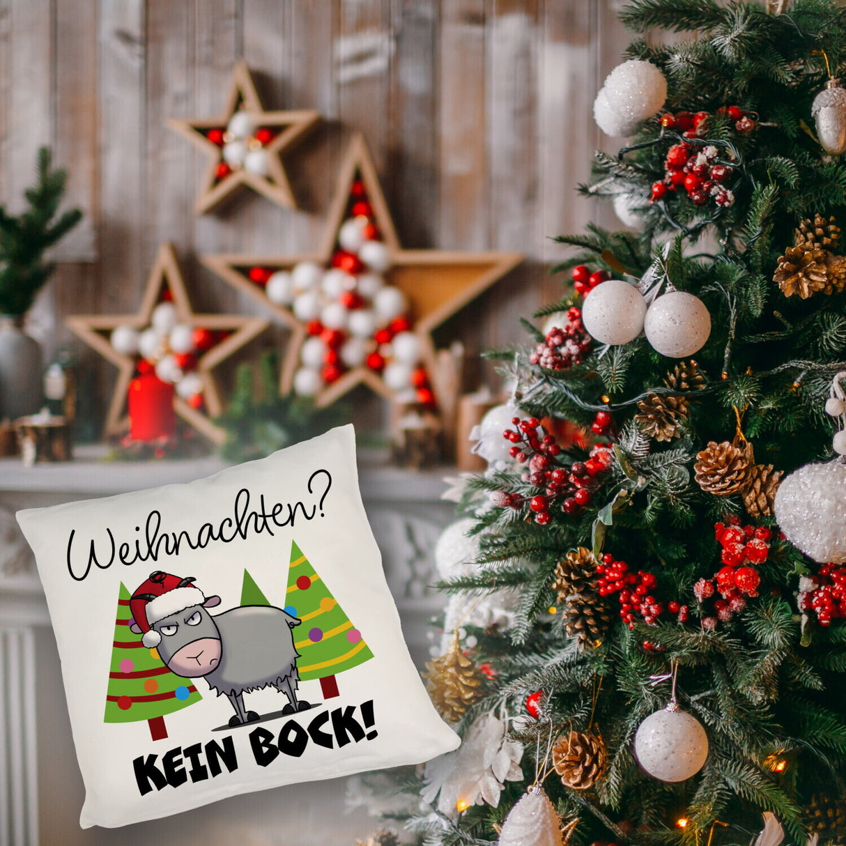 Ziegenbock mit Zipfelmütze Kissen mit Spruch Weihnachten? Kein Bock